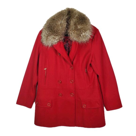 Guess Wool Blend Red Pea Coat Faux Fur Removable Collar Jacket Womens Sz XL - Picture 1 of 16